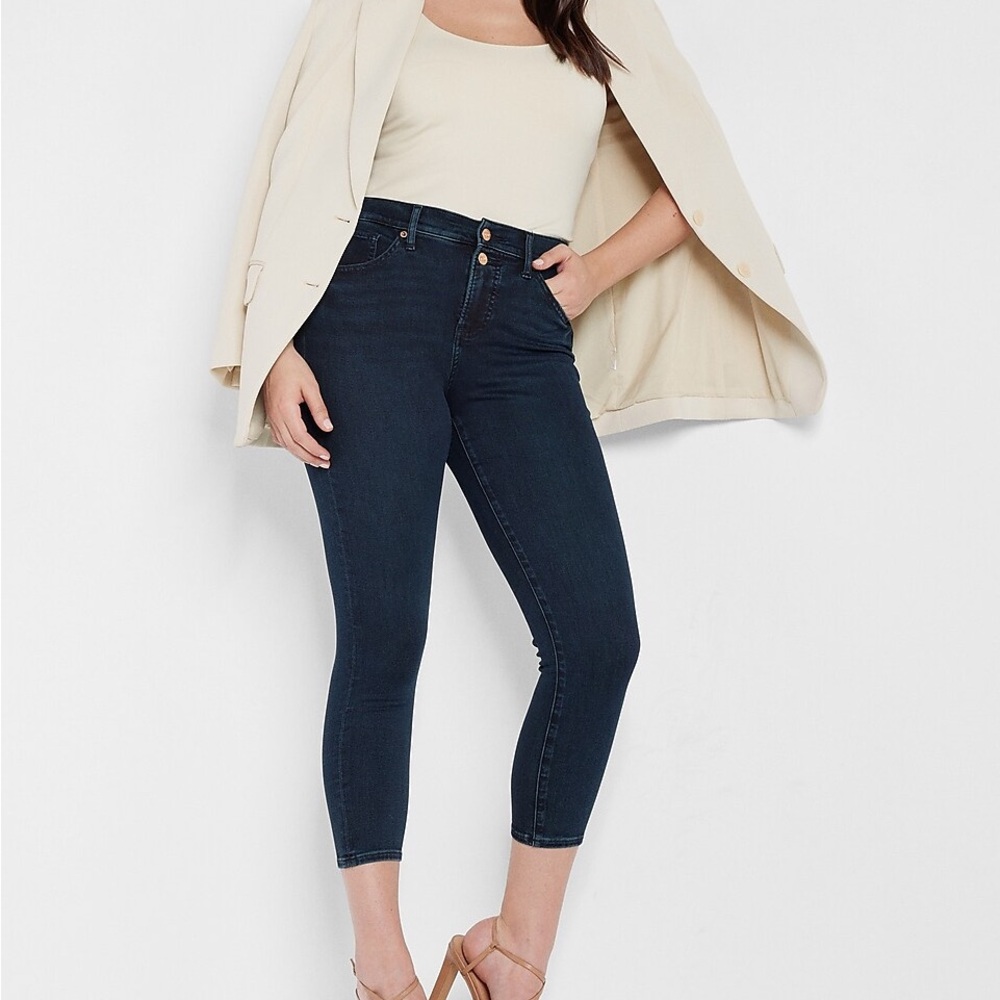 Express Mid Rise Dark Wash Double Button Cropped Skinny Jeans 00 R Regular